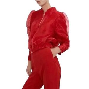 NWT‎ Zara Red Bomber Jacket Sheer Puff Sleeve Women's Size Small